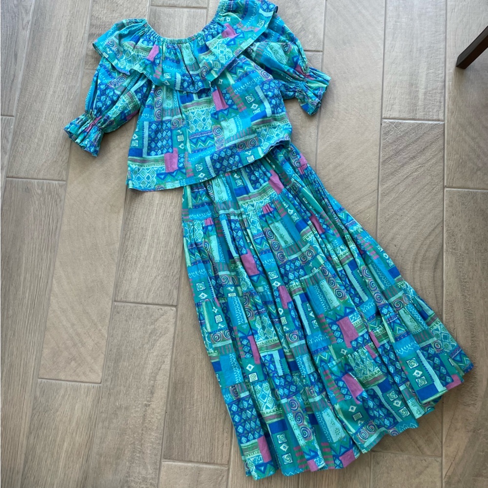 Vintage Two Piece Maxi Skirt Set with Top ResortWear Beach Dress Size Small v